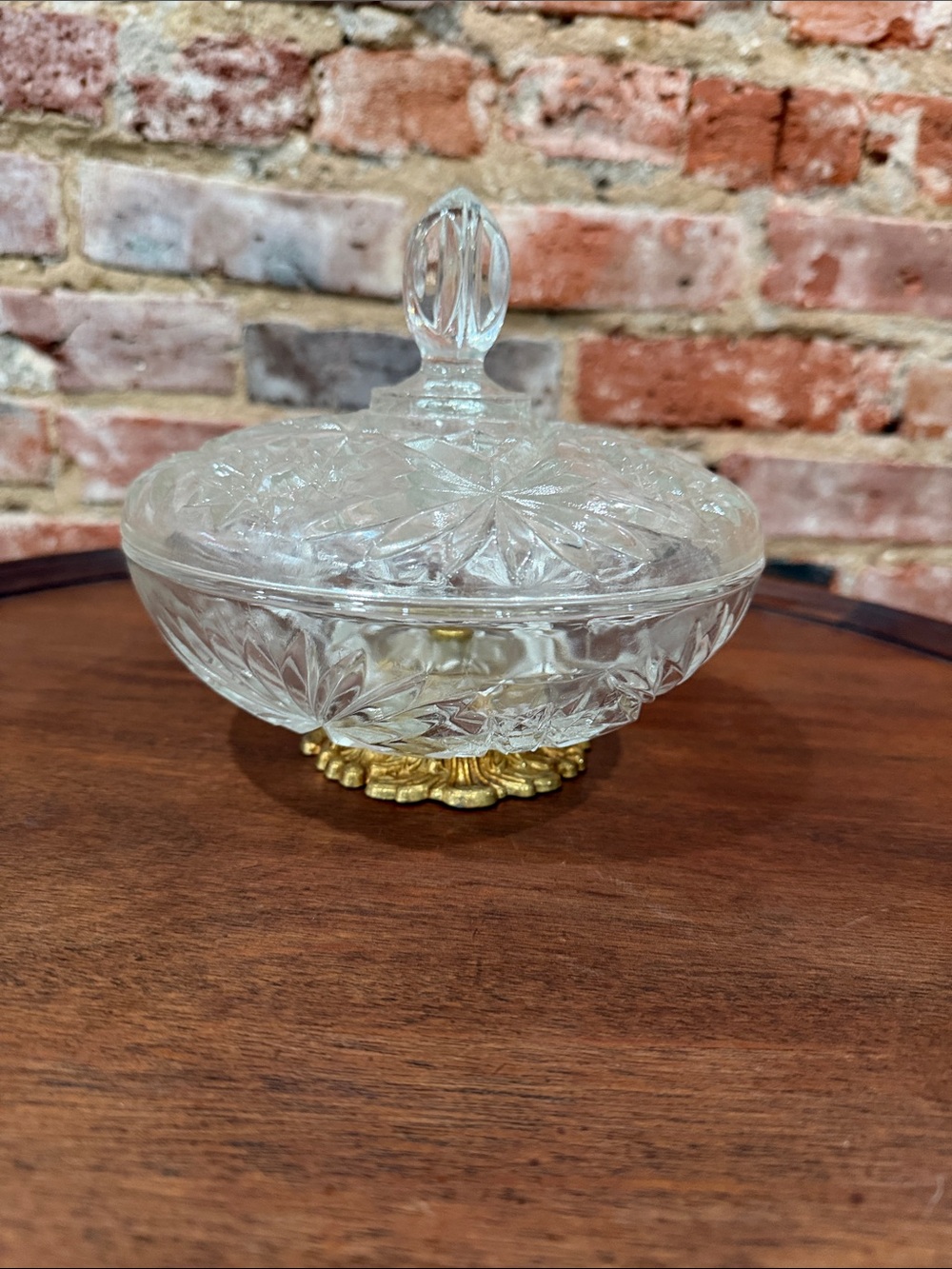 Vintage Cut Glass Covered Candy Dish with Gold Ornate Base